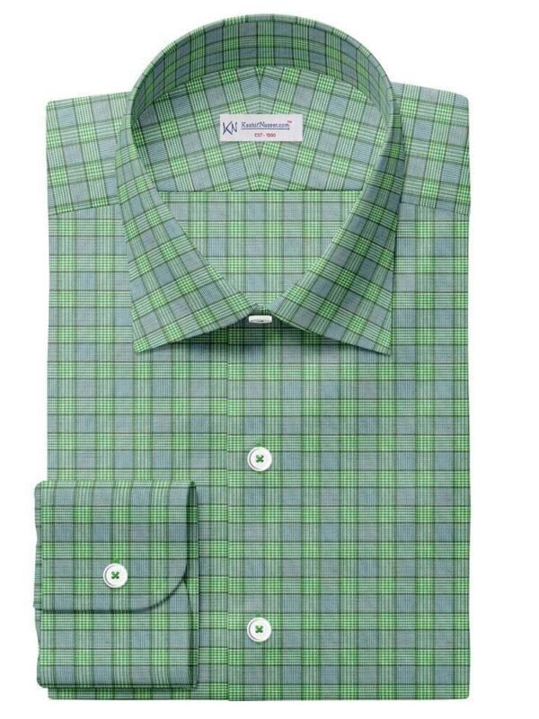 Green & White Party Wear Check Pima Cotton 100% Shirt Fabrics 730-288