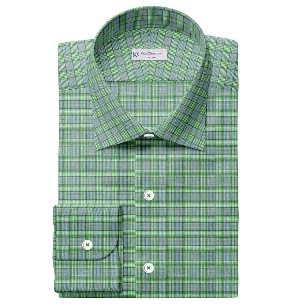 Green & White Party Wear Check Pima Cotton 100% Shirt Fabrics 730-288