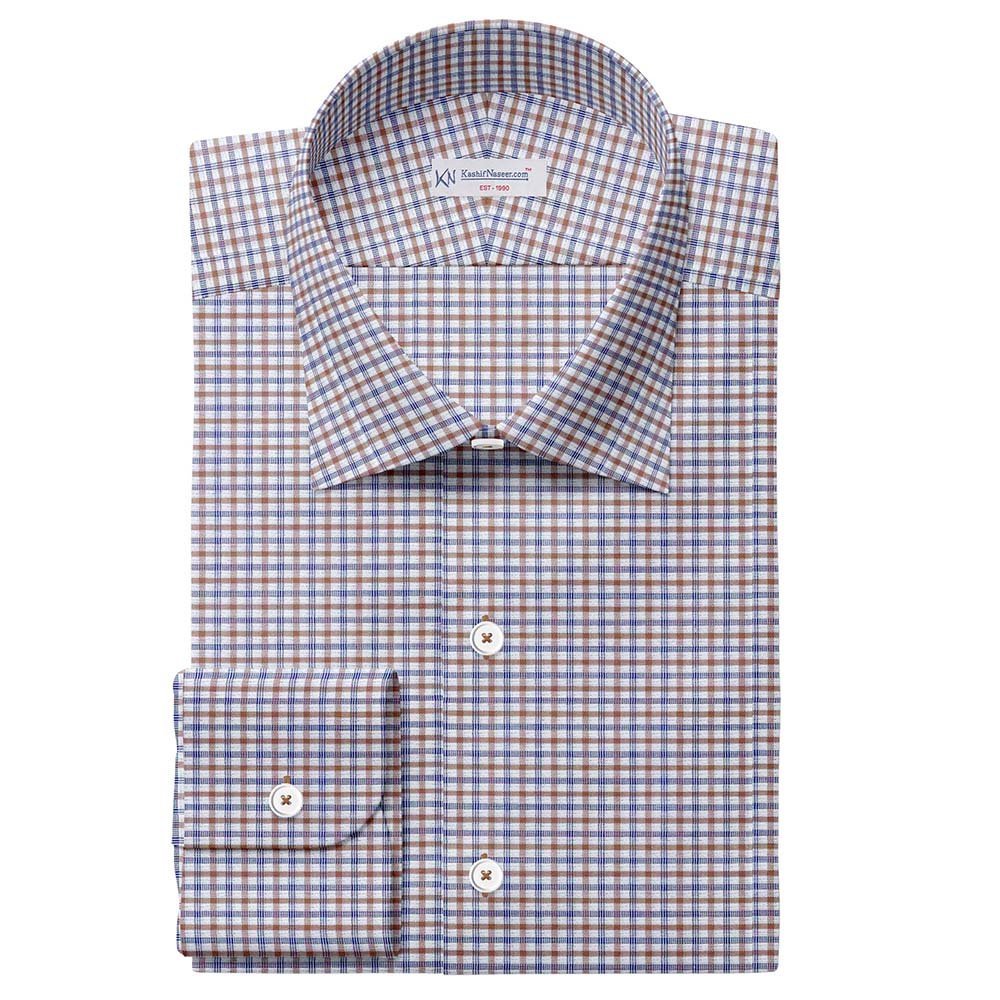 Brown Blue & White Small Check Shirt Fabrics 999-270