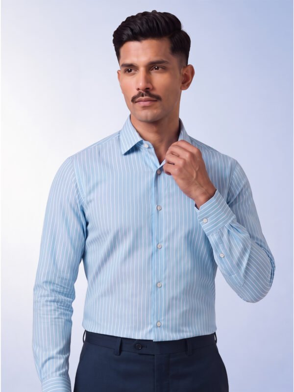 Sky & White Urdu Strips Pima Cotton Shirt Fabrics